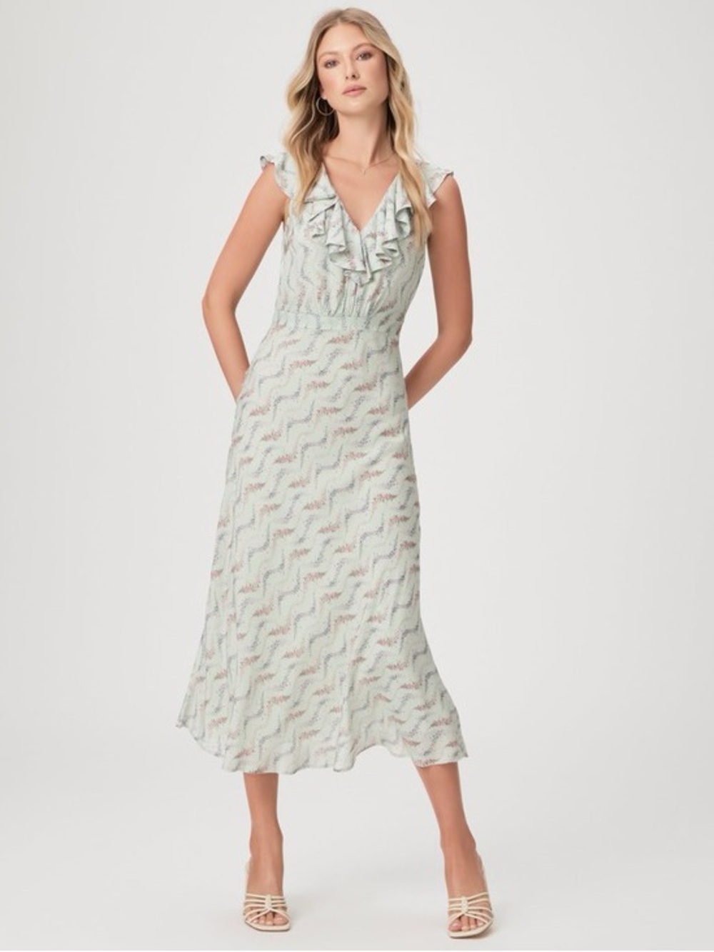 PAIGE Shona Floral Ruffle Midi Dress In Dusty Sage Multi Nwot